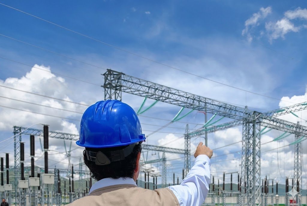 Ingeniero supervisando una subestación eléctrica
